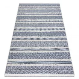   Kab. Fonott Sizal szőnyeg boho MOROC Vonalak 22328 rojt - két szintű gyapjú krém / sötétkék, újrahasznosított szőnyeg 117x170 cm