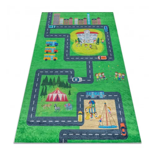 Kab. BAMBINO 2660 mosható szőnyeg Város, utcák gyerekeknek csúszásgátló - zöld / szürke 80x150 cm