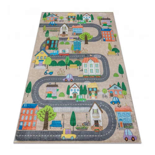 Kab. BAMBINO 34600 mosható szőnyeg Város, utcák gyerekeknek csúszásgátló - bézs / szürke 80x150 cm