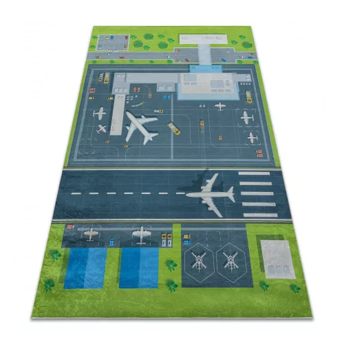 Kab. BAMBINO 46990 mosható szőnyeg Repülőtér, repülőgépek gyerekeknek csúszásgátló - zöld / szürke 80x150 cm