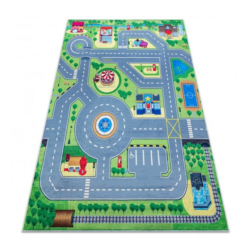 Kab. BAMBINO 9028 mosható szőnyeg Város, utcák gyerekeknek csúszásgátló - zöld / szürke 120x170 cm