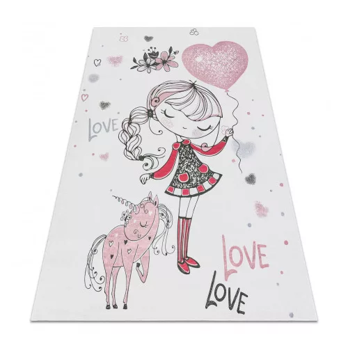 Kab. BAMBINO 2644 mosható szőnyeg Kislány, unikornis gyerekeknek csúszásgátló - fehér / rózsaszín 160x220 cm