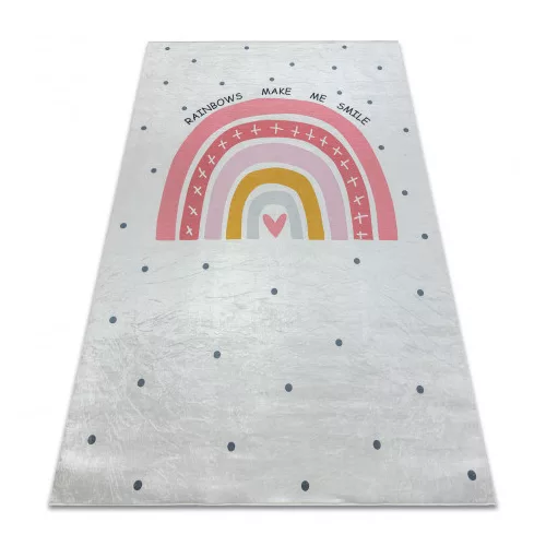 Kab. BAMBINO 47810 mosható szőnyeg Szivárvány, pöttyök gyerekeknek csúszásgátló - fehér / rózsaszín 160x220 cm