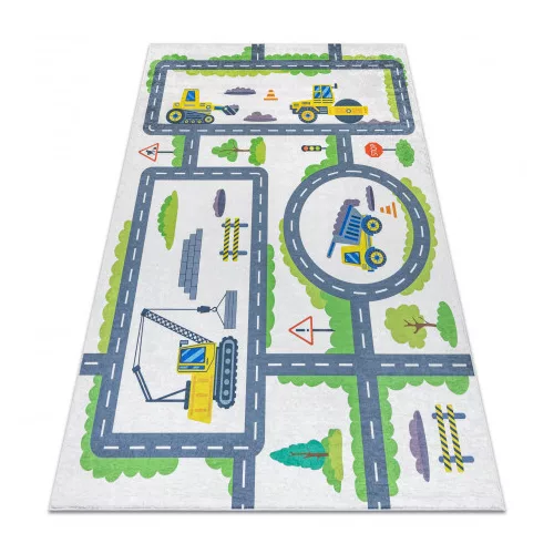 Kab. BAMBINO 2338 mosható szőnyeg Kotrógép gyerekeknek csúszásgátló - fehér / zöld 200x290 cm