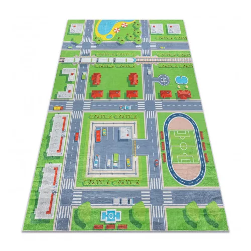 Kab. BAMBINO 2624 mosható szőnyeg Város, utcák gyerekeknek csúszásgátló - zöld / szürke 200x290 cm