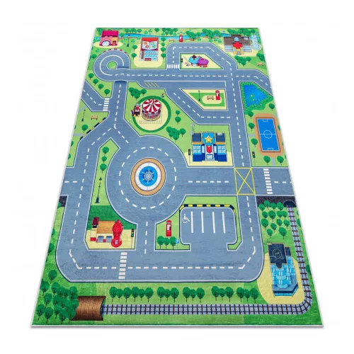 Kab. BAMBINO 9028 mosható szőnyeg Város, utcák gyerekeknek csúszásgátló - zöld / szürke 200x290 cm