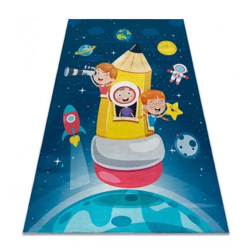 Kab. BAMBINO 42810 mosható szőnyeg Rakéta, bolygók gyerekeknek csúszásgátló - kék / barna  200x290 cm