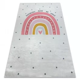   Kab. BAMBINO 47810 mosható szőnyeg Szivárvány, pöttyök gyerekeknek csúszásgátló - fehér / rózsaszín 200x290 cm