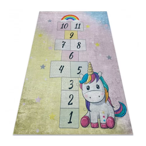 Kab. BAMBINO 54060 mosható szőnyeg Egyszarvú, komló gyerekeknek csúszásgátló - rózsaszín / sárga 200x290 cm