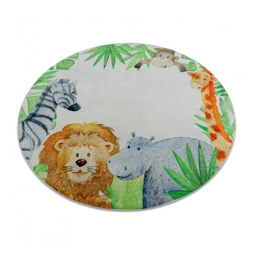 Kab. BAMBINO 54090 kör mosható szőnyeg Állatok, Afrika gyerekeknek csúszásgátló - fehér / zöld kör 100 cm