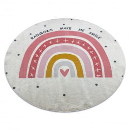   Kab. BAMBINO 47810 kör mosható szőnyeg Szivárvány, pöttyök gyerekeknek csúszásgátló - fehér / rózsaszín kör 160 cm