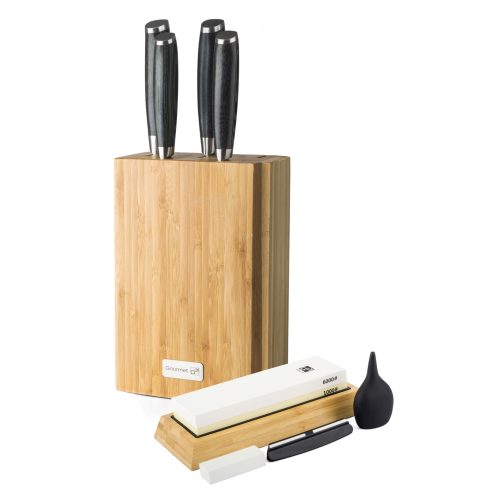 G21 Gourmet Damascus késkészlet bambusz blokkban 4 db + köszörűkő