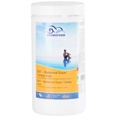 Medence többfunkciós fertőtlenítő tabletta, Chemoform 7601 BST Maxi (200 g), fehér, 1 kg, multifunkciós, lassan oldódó, klórozó, algagátló, pelyhesítő hatás
