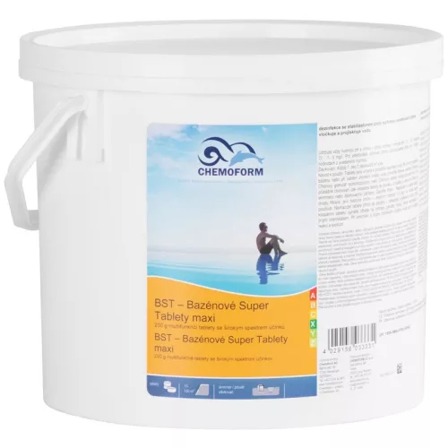 Medence többfunkciós fertőtlenítő tabletta, Chemoform 7605 BST Maxi (200 g), fehér, 5 kg, multifunkciós, lassan oldódó, klórozó, algagátló, pelyhesítő hatás