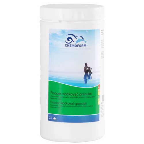 Medence pelyhesítő granulátum, Chemoform Floccer 0907, fehér, 1 kg, privát medencékhez, medencevíz tisztításához, vízfényesítő, szkimmerbe