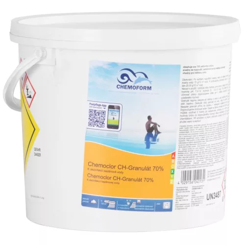 Medence klórgranulátum, Chemoform 0605 Chemoclor 70%, fehér, 5 kg, 70 % aktív klór, gyorsan oldódó, pH-t enyhén emelő, lágy vízhez