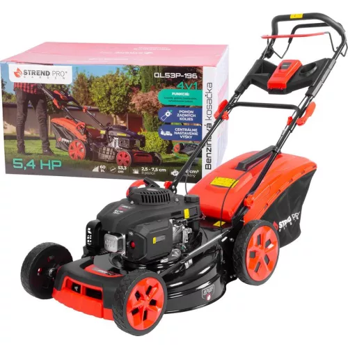 Benzinmotoros fűnyíró, Strend Pro Garden QL53P-196, fekete/piros, vágásszélesség: 53 cm, Loncin V200 motor, 196 cm3, 4 ütemű, 4000 W, 5,4 LE, 3600 fordulat/perc, 60 l gyűjtőkosár, oldalkidobás, mulcsozás, önjáró