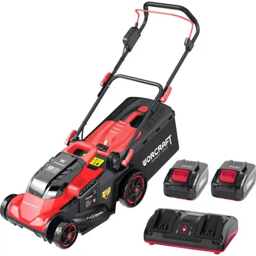 Akkumulátoros fűnyíró, Worcraft CLM-S40LiBL ShareSYS, fekete/piros, vágásszélesség: 43 cm, 2 x 20 V Li-Ion, 2 x 4,0 Ah, 45 l gyűjtőkosár, akkumulátorral és töltővel