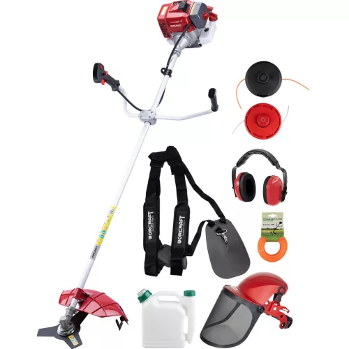 Benzinmotoros bozótvágó és fűkasza, Worcraft GT52-430C, piros/ezüst, 1400 W, kétütemű motor, 1 l üzemanyagtartály, tartozékokkal