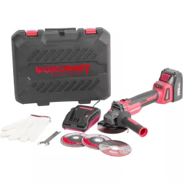   Akkumulátoros sarokcsiszoló, Worcraft CAG-S20LiBH ShareSYS, piros/fekete, 115 mm, 20 V Li-Ion, 8500 fordulat/perc, gyorskioldó, akkumulátorral és töltővel, kofferben
