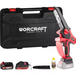   Akkumulátoros láncfűrész, Worcraft CHS-S20LiBPM ShareSYS, piros/fekete, mini, 2 Ah 20 V Li-Ion, vezetősín: 15 cm, 7,5 m/s láncsebesség, akkumulátorral, töltővel, láncolajjal, kofferben