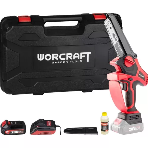 Akkumulátoros láncfűrész, Worcraft CHS-S20LiBPM ShareSYS, piros/fekete, mini, 2 Ah 20 V Li-Ion, vezetősín: 15 cm, 7,5 m/s láncsebesség, akkumulátorral, töltővel, láncolajjal, kofferben