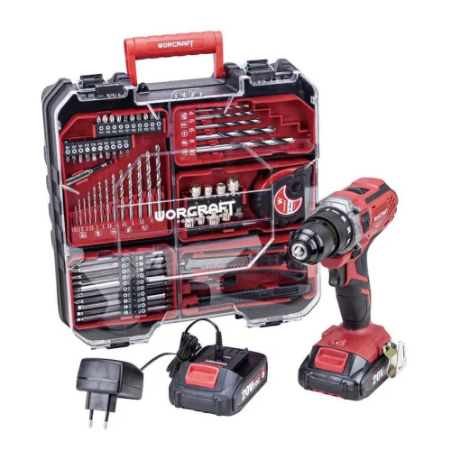 Akkumulátoros fúró-csavarozó, Worcraft CD-S20LiWT ShareSYS, piros/fekete, 40 Nm, 0-1400 fordulat/perc, 20 V Li-Ion, 2 x 2,0 Ah, akkumulátorral, töltővel, tartozékokkal, hordtáskában