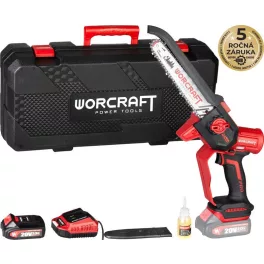   Akkumulátoros láncfűrész, Worcraft CHS-S20LiBDM ShareSYS, piros/fekete, mini, 2 Ah 20 V Li-Ion, vezetősín: 20 cm, 7,8 m/s láncsebesség, 50 ml olajtartály, akkumulátorral, töltővel, láncolajjal, kofferben
