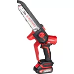 Akkumulátoros láncfűrész, Worcraft CHS-S20LiBDM ShareSYS, piros/fekete, mini, 2 Ah 20 V Li-Ion, vezetősín: 20 cm, 7,8 m/s láncsebesség, 50 ml olajtartály, akkumulátorral, töltővel, láncolajjal, kofferben