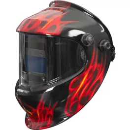   Hegesztő fejpajzs, Strend Pro Galaxy Flame, fekete, automata sötétedésű, napelemes, állítható érzékenység és késleltetés, DIN 9–13, látómező: 92,5 × 42,5 mm, 1/30000 mp reakcióidő