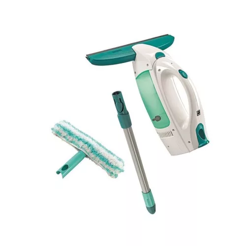 Ablaktörlő készlet, Leifheit 51003, 28 cm lehúzó, 43 cm Click rúd, fehér-türkiz, akkumulátoros, elektromos vízszívó, mikroszálas ablakmoppal