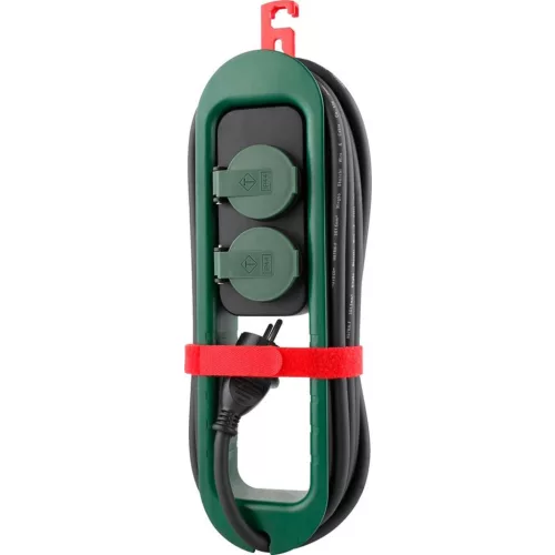 Kültéri hosszabbítós elosztó, Strend Pro FS0701, 4,9 m, fekete, 2 aljzat, 1,5 mm2, IP44, kültéri, fedeles aljzatok, kábeltekercselő, akasztó, maximum 16 A
