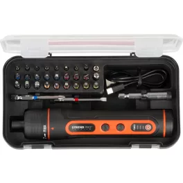   Akkumulátoros csavarhúzó, Strend Pro P09E2151, fekete/piros, 3 Nm, 0-350 fordulat/perc, 3,6 V Li-Ion, USB-C töltés, 27 darabos bitkészlet, hordtáskában