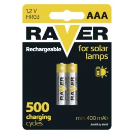  Akkumulátor RAVER SOLAR HR03, újratölthető akkumulátor, 400 mAh, 2 db-os csomag, AAA ceruzaelem