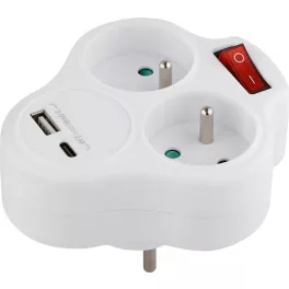   USB-s elosztó kapcsolóval, Strend Pro, 2 aljzat, fehér, 2 × 16 A, 230 V, USB-A és USB-C, kompakt kialakítás, otthoni és irodai használatra