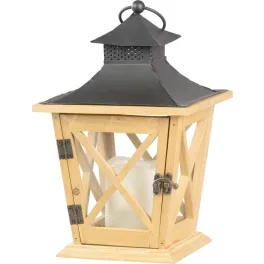   Lámpás, MagicHome LW8680, 19 x 19 x 36 cm, barna, LED, 3 x AA elemekkel, fa, beltéri, vintage stílusú, gyertyával (2170322)