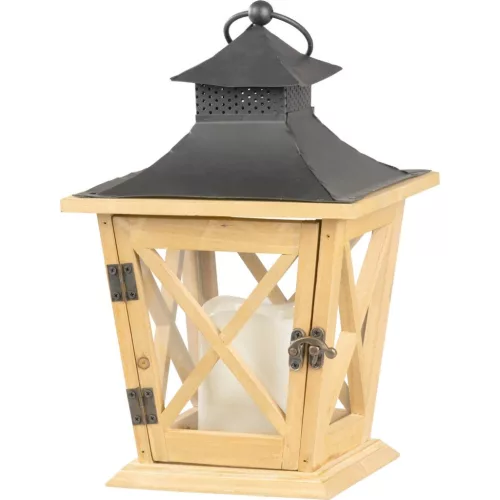 Lámpás, MagicHome LW8680, 19 x 19 x 36 cm, barna, LED, 3 x AA elemekkel, fa, beltéri, vintage stílusú, gyertyával (2170322)