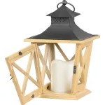 Lámpás, MagicHome LW8680, 19 x 19 x 36 cm, barna, LED, 3 x AA elemekkel, fa, beltéri, vintage stílusú, gyertyával (2170322)