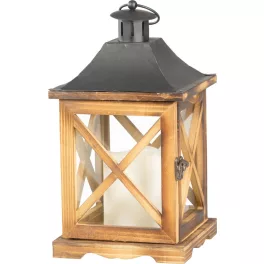   Lámpás, MagicHome LW8834, 16 x 16 x 35 cm, barna, LED, 3 x AAA elemekkel, fa, beltéri, vintage stílusú, gyertyával (2170324)