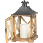 Lámpás, MagicHome LW8834, 16 x 16 x 35 cm, barna, LED, 3 x AAA elemekkel, fa, beltéri, vintage stílusú, gyertyával (2170324)