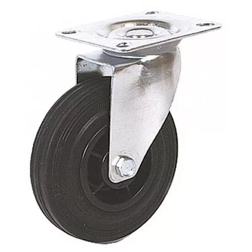 Kerék, Renost 521 NL-V100C, fekete/ezüst, átmérő: 100 mm, forgó, gumi futófelület, acél ház, PP felni, tűgörgős csapágy, maximum 60 kg teherbírás