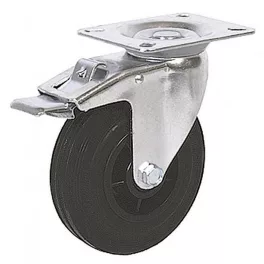   Kerék, Renost 521F NL-V100C, fekete/ezüst, átmérő: 100 mm, forgó, fékes, gumi futófelület, acél ház, PP felni, tűgörgős csapágy, maximum 60 kg teherbírás