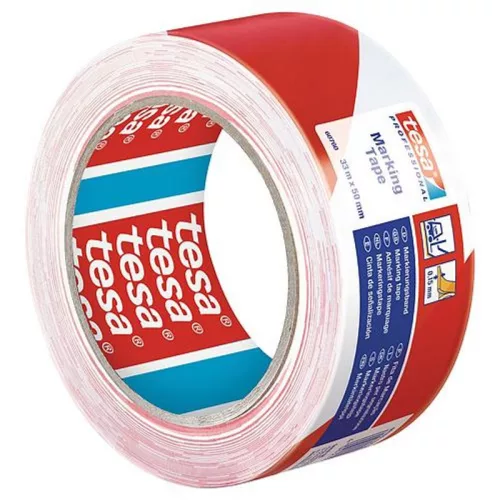 Szalag tesa® PRO Marking, ragasztó, figyelmeztető, piros-fehér, 50 mm, Hossz: 33 m