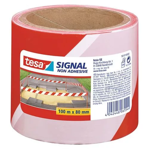 Szalag tesa® SIGNAL, 80 mm, figyelmeztető, piros/fehér, Hossz: 100 m