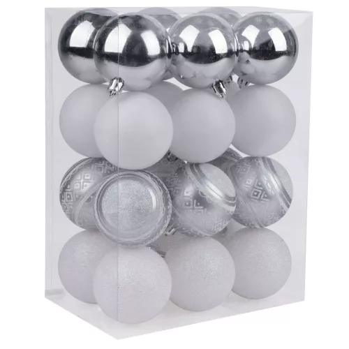 MagicHome karácsonyi gömbök, 24 db, fehér-ezüst, mix, karácsonyfára, 6 cm