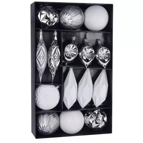 MagicHome karácsonyi gömbök, készlet, 16 db, ezüst-fehér, karácsonyfára, 8-15 cm