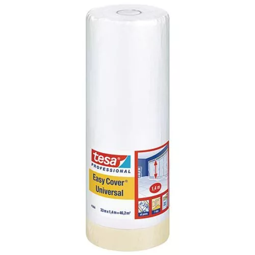Takarófólia tesa® Pro Easy Cover® Universal, 1400 mm, H-33 m, festő, ragasztószalaggal, átlátszó, ta