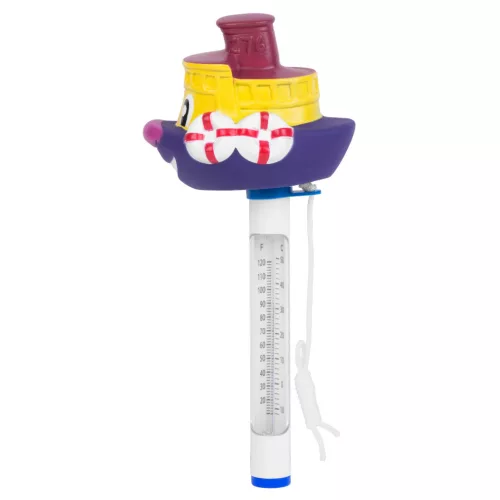 Medence hőmérő, Strend Pro, sárga/lila, Hajó figurával, úszó, Celsius és Fahrenheit skála, rögzítő szalaggal, pontos mérés
