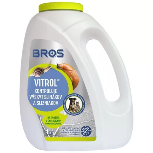 Csigairtó granulátum, Bros Vitrol, 1000 g, vas-foszfát hatóanyag, ökológiai gazdálkodásban használható, kertbe és üvegházba