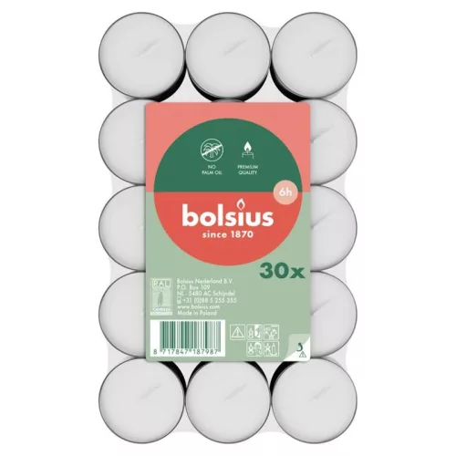 Gyertya Bolsius, mécses, 6 óra, fehér, csomag 30 db